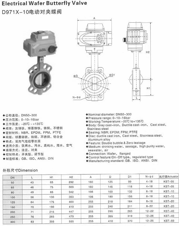 電動軟密封蝶閥,電動對夾式軟密封蝶閥尺寸圖