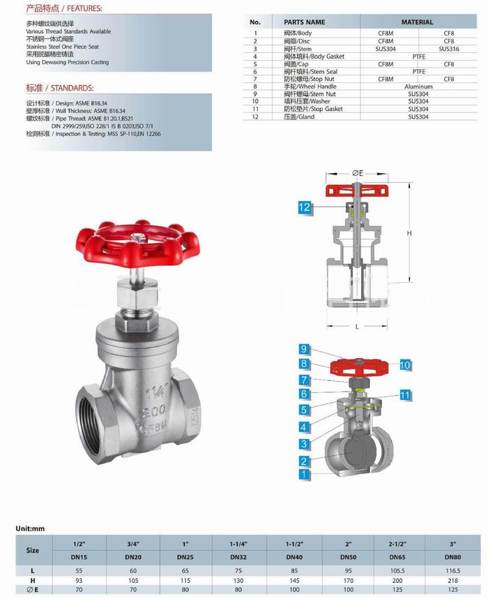 內(nèi)螺紋閘閥尺寸型號(hào)Z15W連接方式/BSP/BSPT/NPT不銹鋼內(nèi)螺紋閘閥